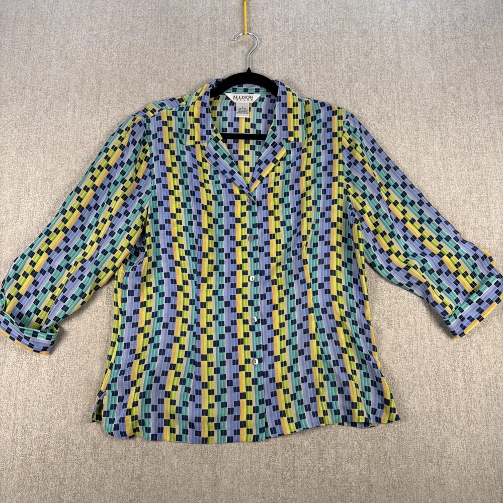 Allison Taylor‎ 100% Silk Blouse Women's Large Blue Green Button Up 90's Retro